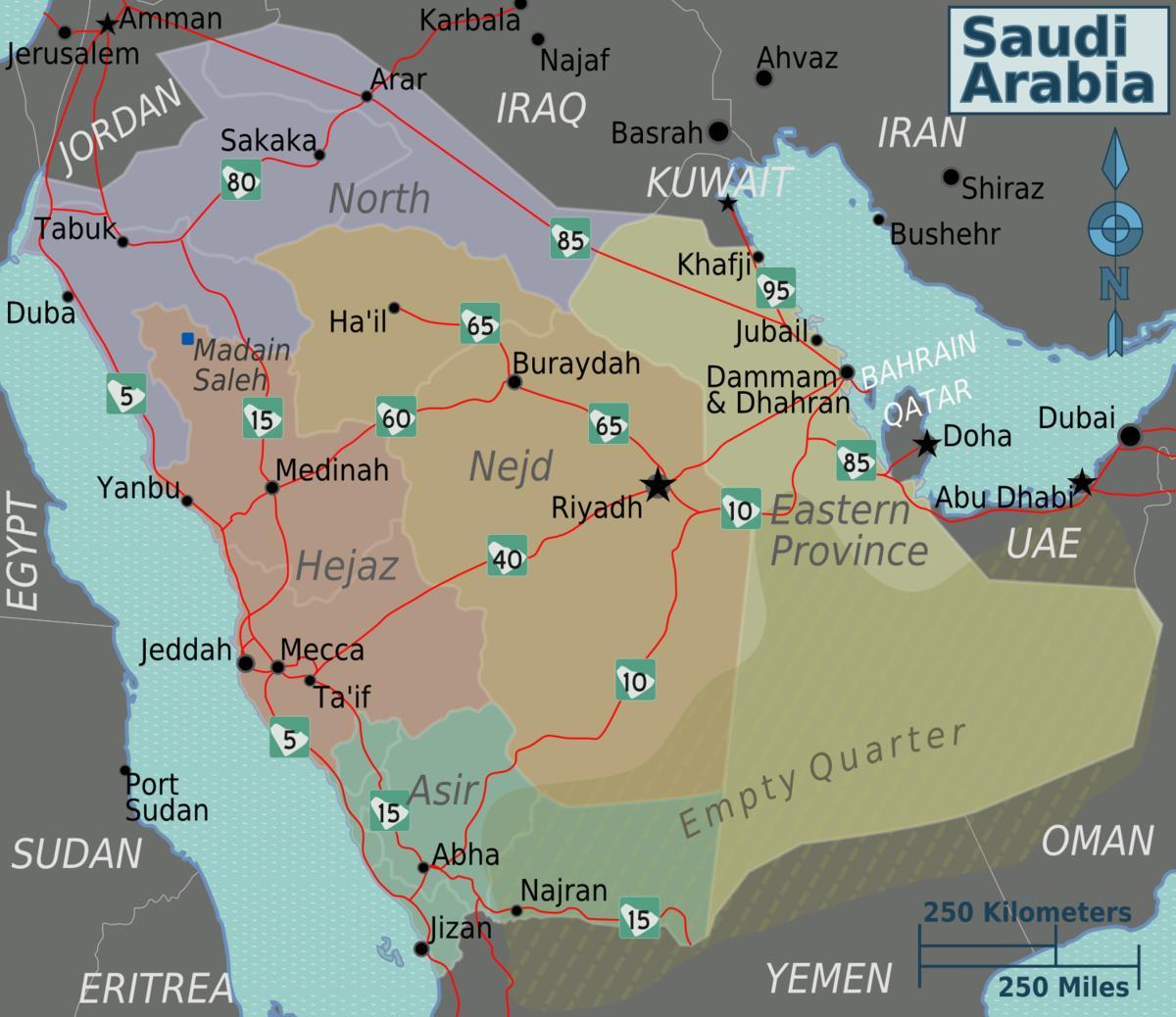 Şehirler ile Suudi Arabistan harita mesafe